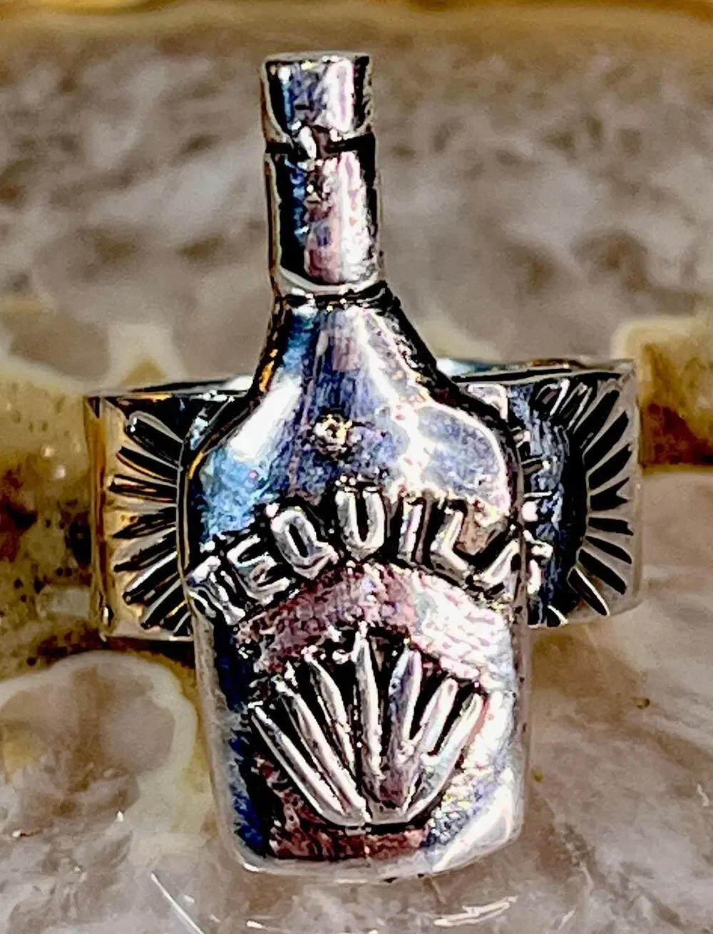 Sterling Silver TAXCO Mexico Tequila Bottle Ring Wide Stamped Band Adjustable